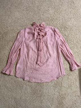 ELISE Pink Ruffle High Neck Long Sleeve Blouse with Pom Pom Trim